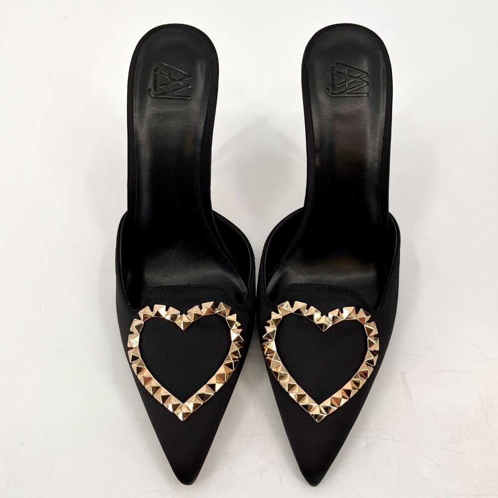 AAJ by Aminah Aviva Heart Mule Pumps Size 8M Black Microfiber Fabric Pointed Toe - Picture 2 of 16
